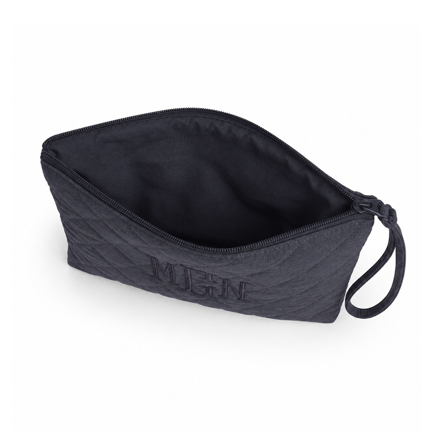 zipper closure of quilted dark grey monogram embroidery cotton cosmetic bag