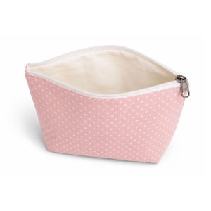 Custom made pink cotton bag with polkadot print and YKK zipper closure