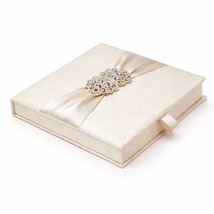 Ivory Thai Silk Wedding Invitation Box with Rhinestone Brooch