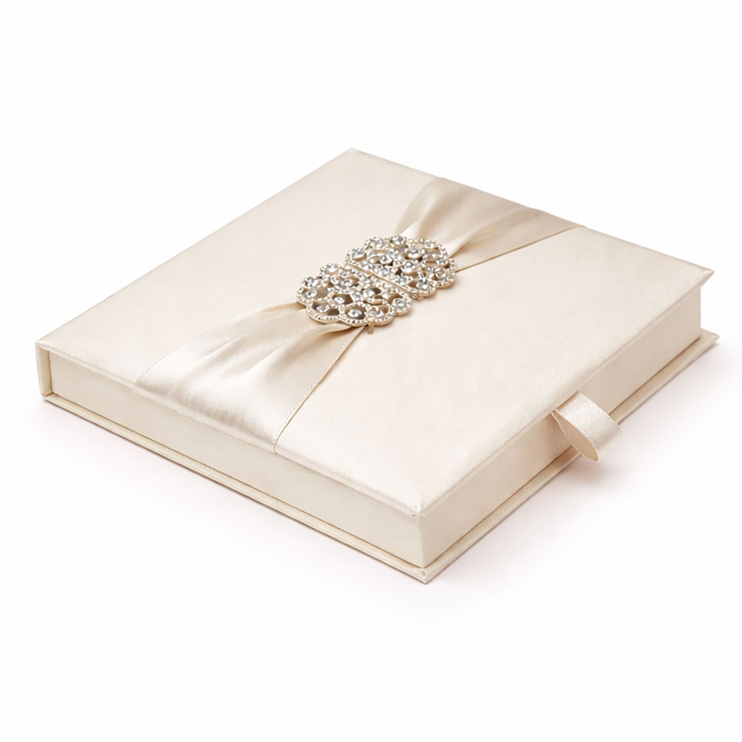 Ivory Thai Silk Wedding Invitation Box with Rhinestone Brooch