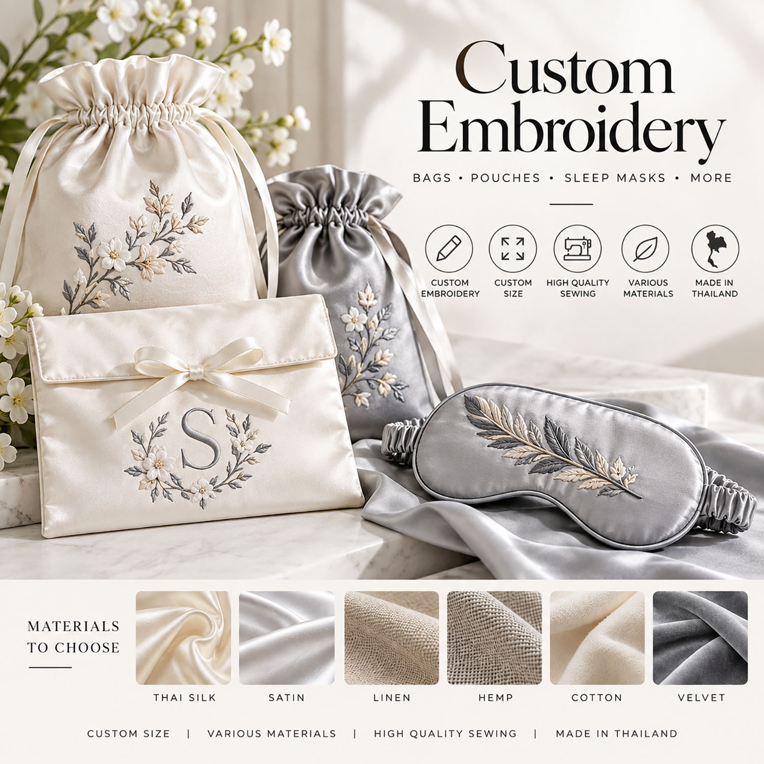Custom embroidered pouches and bags from Thailand