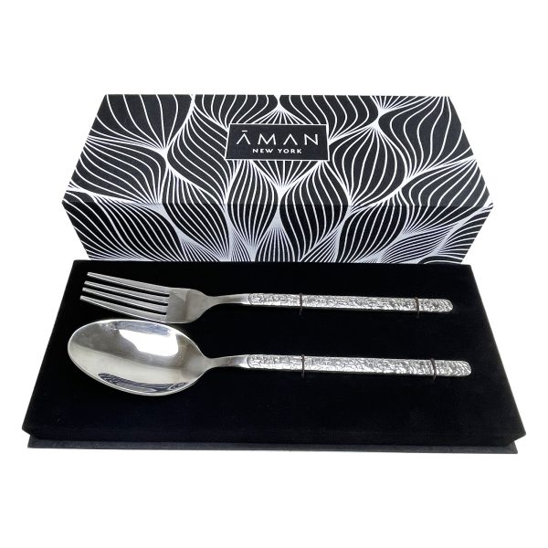 Custom printed black and white silk box for corporate gift packaging of spoon and fork