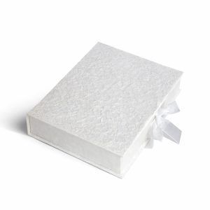 White mulberry paper invitation box with hinged lid and ribbon closure