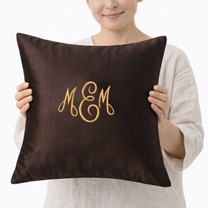 Chocolate Thai silk cushion with monogram embroidery