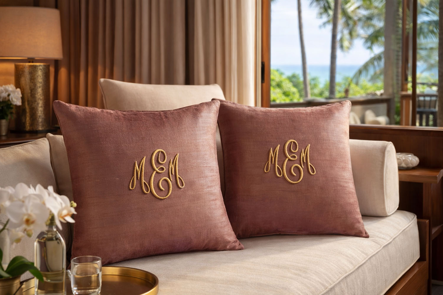 Custom monogram embroidered Thai silk cushion cover from Chiang Mai