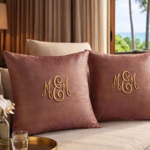 Chocolate brown Thai silk cushion cover with monogram embroidery from Thailand