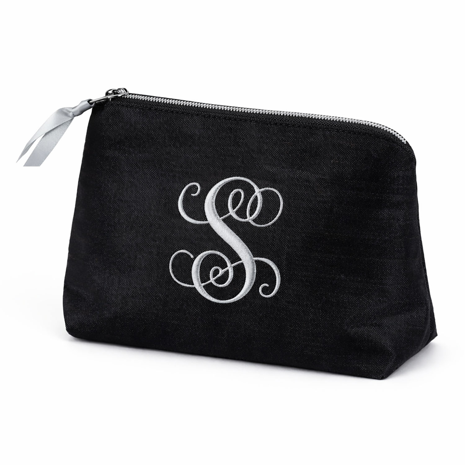 Custom Monogram Embroidery Black Thai Silk Cosmetic Bag