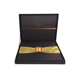 brown silk invitation box with buckle embellishment