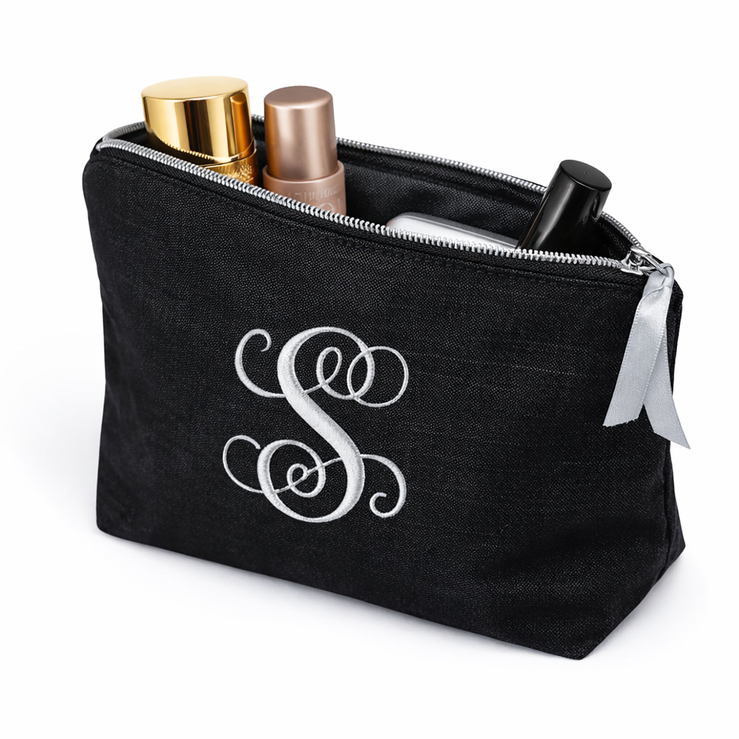 Custom monogram embroidered black silk cosmetic bag