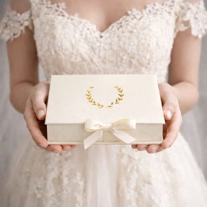 Custom gold foil stamped leatherette paper invitation box from Thailand