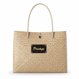 Thai seagrass beach bag with foil stamped logo on leather patch