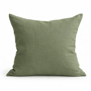 Dusty green 100% linen cushion cover with natural woven texture, handmade in Chiang Mai, Thailand.
