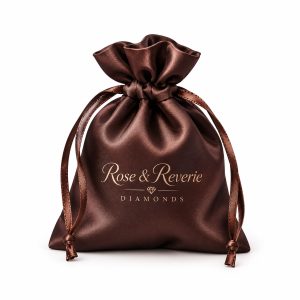 Brown satin jewelry pouch with custom printed logo and drawstring