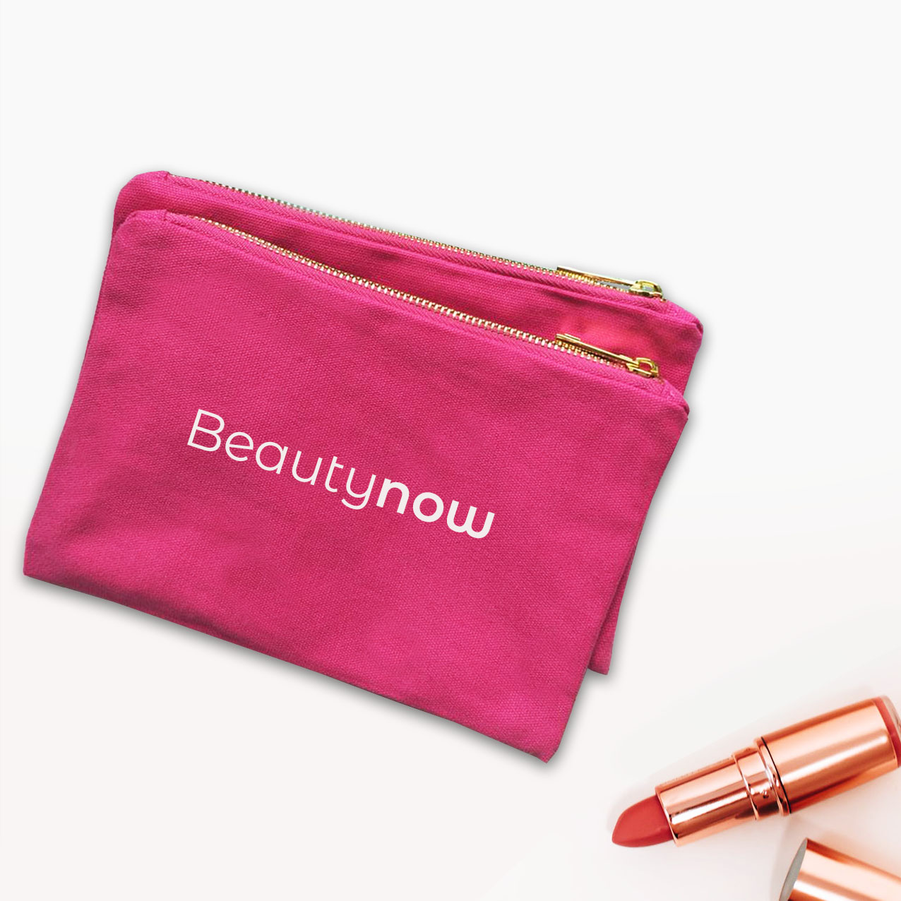 Logo Printed Pink Canvas Cosmetic Bag With YKK Zipper Closure