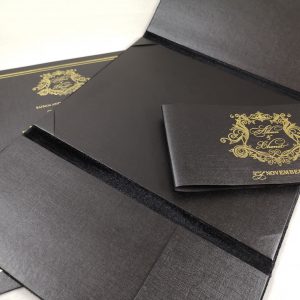 Black Velvet Invitation Folder With Luxury Acrylic Mirror Gold Monogram ...