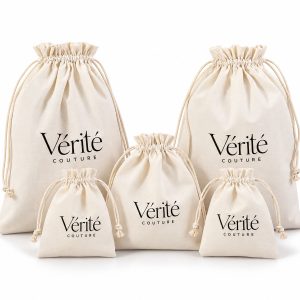 Natural cotton drawstring bag with custom black logo screen printing