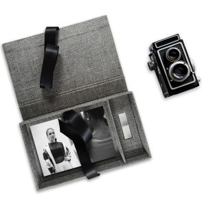 Large dark grey linen USB photo storage box
