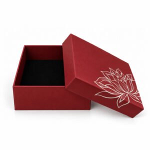 ed lotus flower gift box with white floral print and removable lid, handcrafted from rigid cardboard.