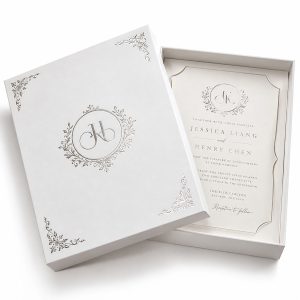 White wedding invitation box with removable lid and custom silver foil stamped monogram