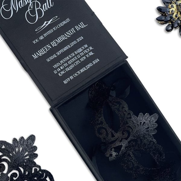 Black masquerade invitation box with mask