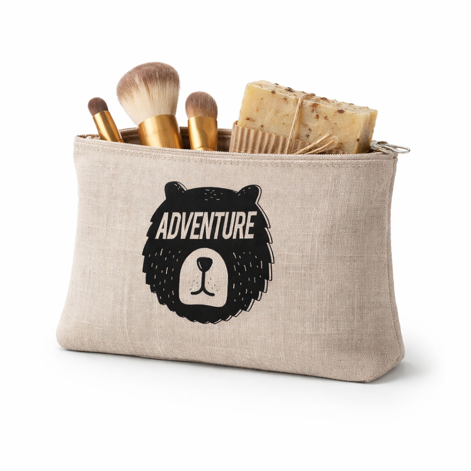 Natural linen cosmetic bag with make-up