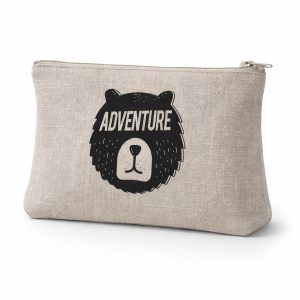 Zippered natural color linen cosmetic bag with custom print