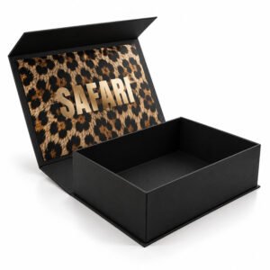 Luxury black magnetic rigid box with custom leopard print inside lid and gold SAFARI branding