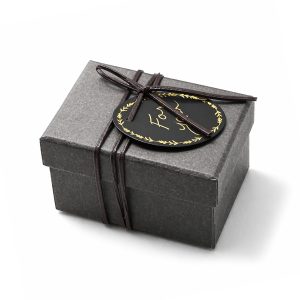 Custom Grey Cardboard Favor Box With Waxed Cotton Rope & Laser Cut Vegan Leather Tag