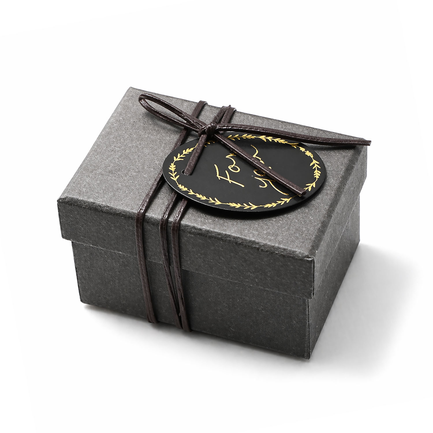 Custom Grey Cardboard Favor Box With Waxed Cotton Rope & Laser Cut Vegan Leather Tag