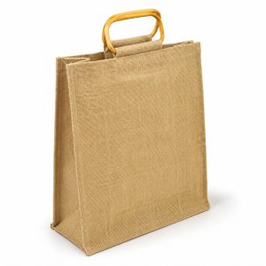 Natural jute tote bag with bamboo handles and rectangular gusseted design