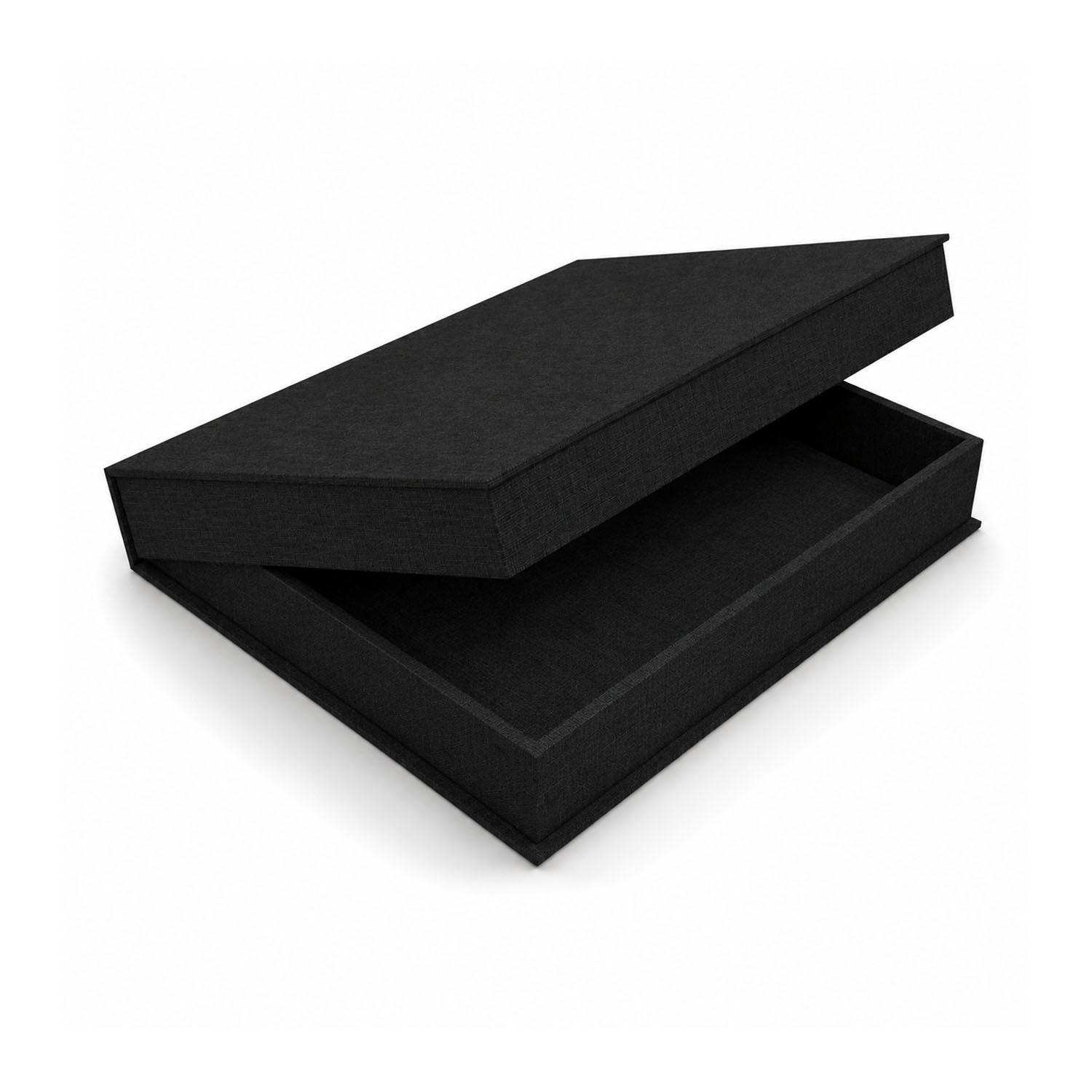 Closed lid view of linen clamshell box