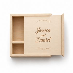 engraved save the date wooden sliding box