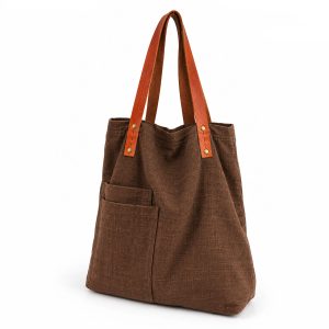 brown rustic hemp tote bag with leather handles