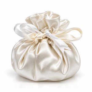Off-white satin drawstring pouch with round bottom