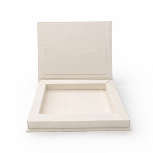 ivory suede box with hinged lid for acrylic wedding invitation cards