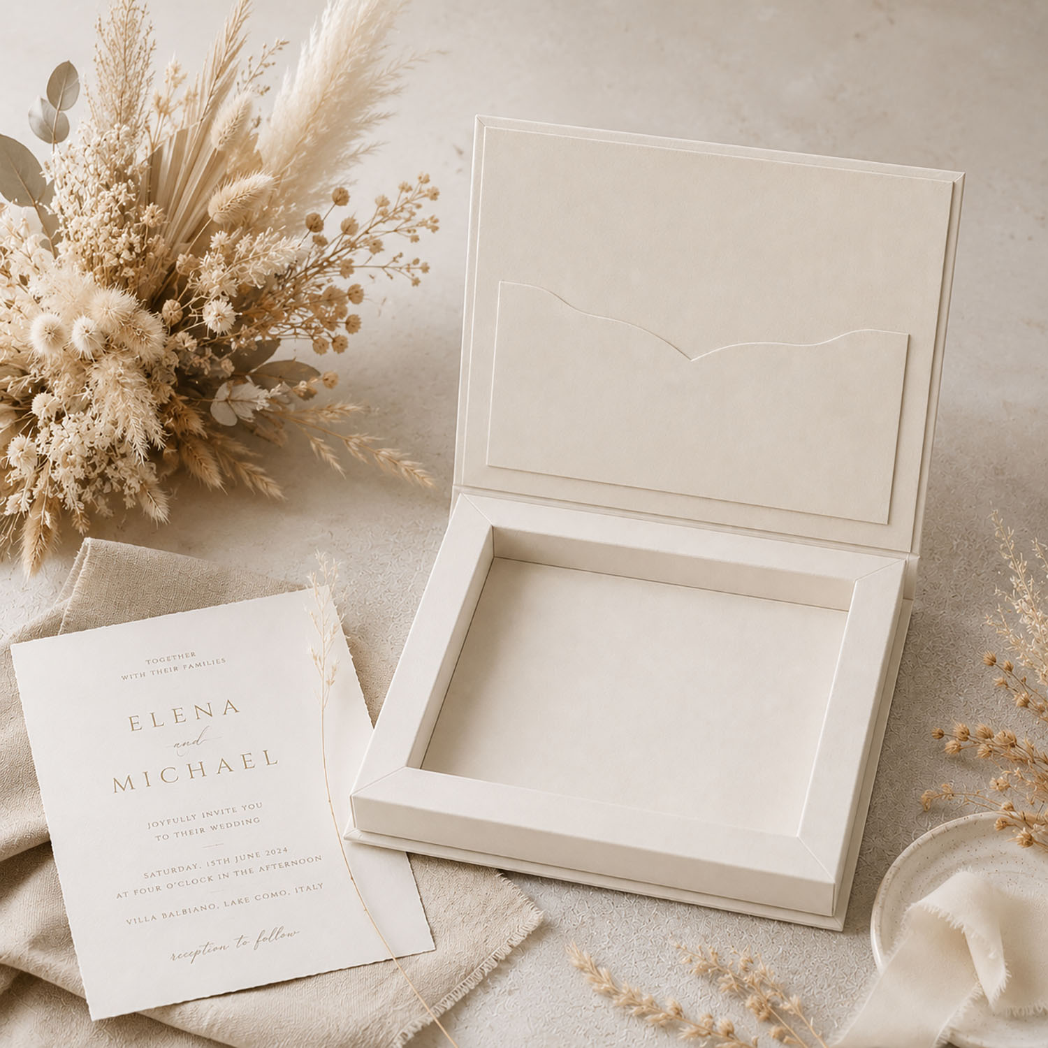 Luxury velvet invitation box ivory with hinged lid and pockets
