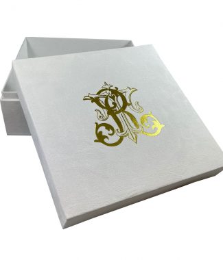 Monogram foil stamped white suede wedding box