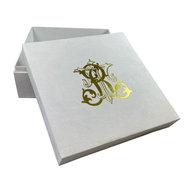 Monogram foil stamped white suede wedding box