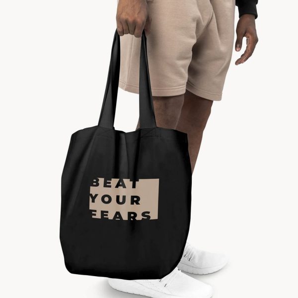 Black cotton shopping bag with brown one color print