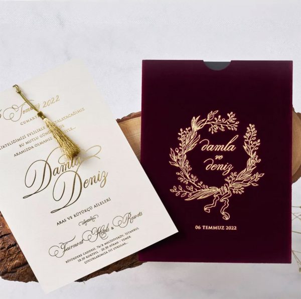 Sleeve Design Velvet Invitation With Foil Stamp & Tassel