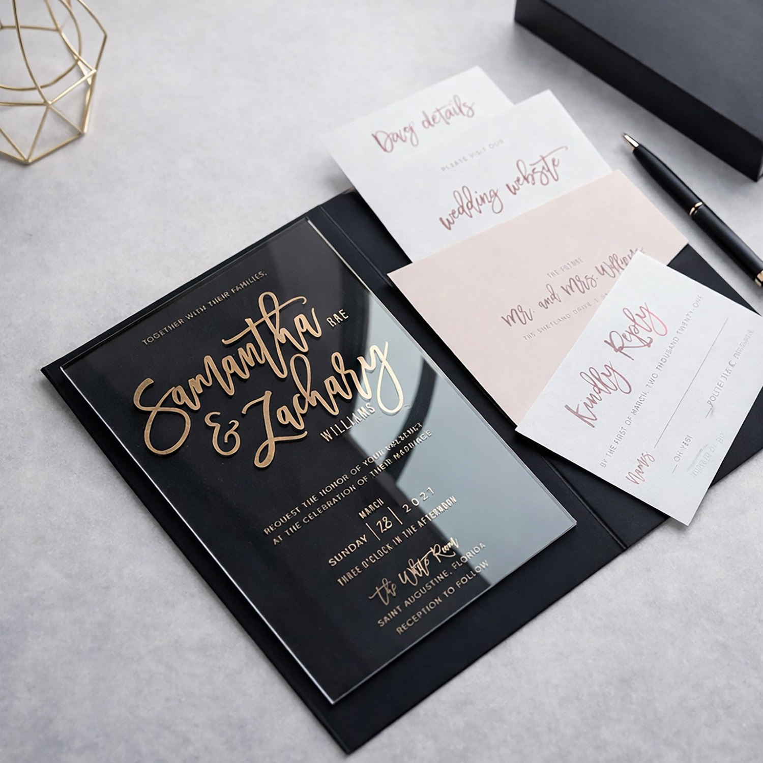 Black paper invitation folder with pocket and acrylic invitation card