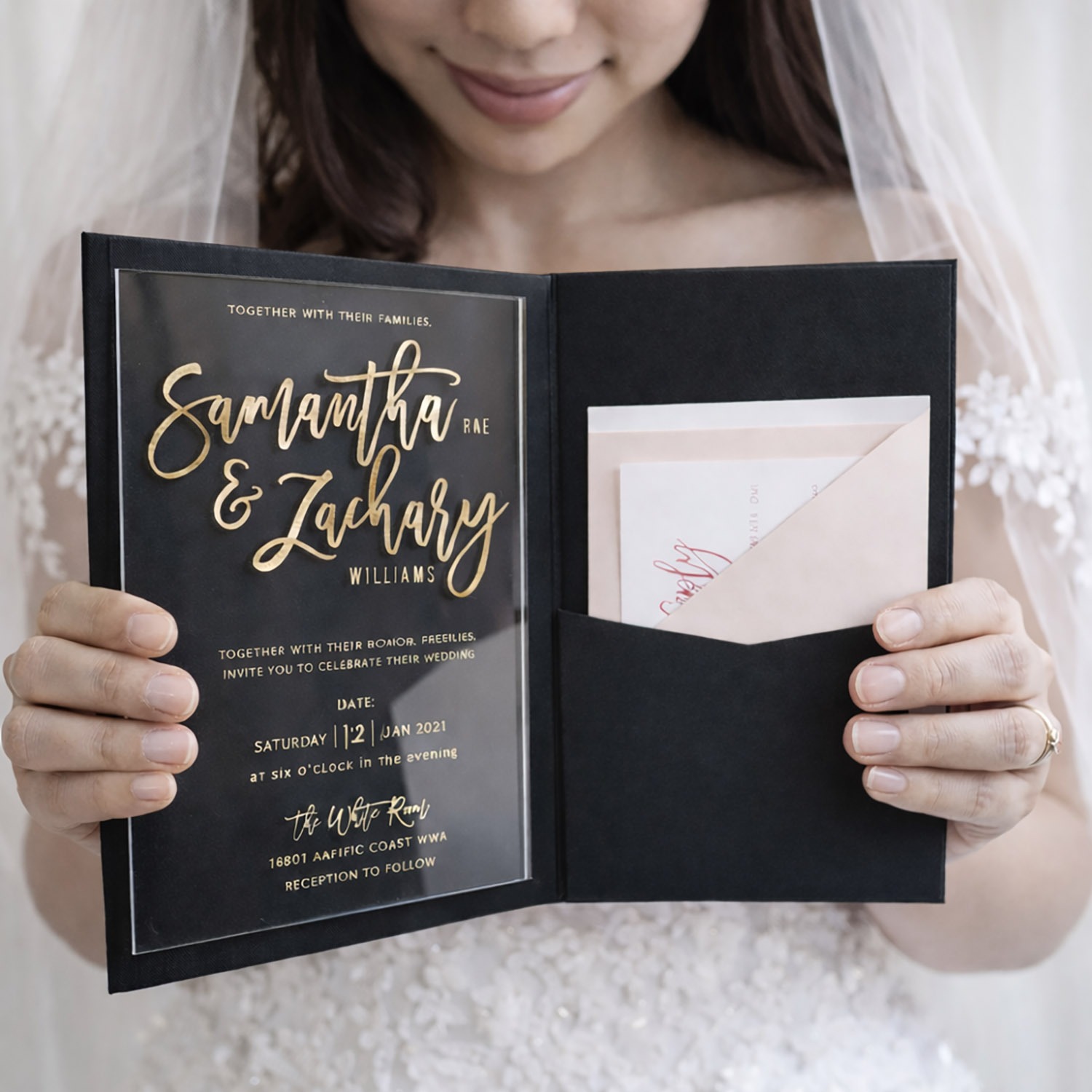 Black pocket fold wedding invitation