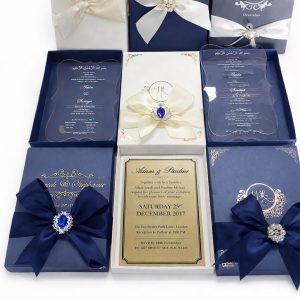 Navy Blue Foil Stamped Wedding Invitation Box with Brooch