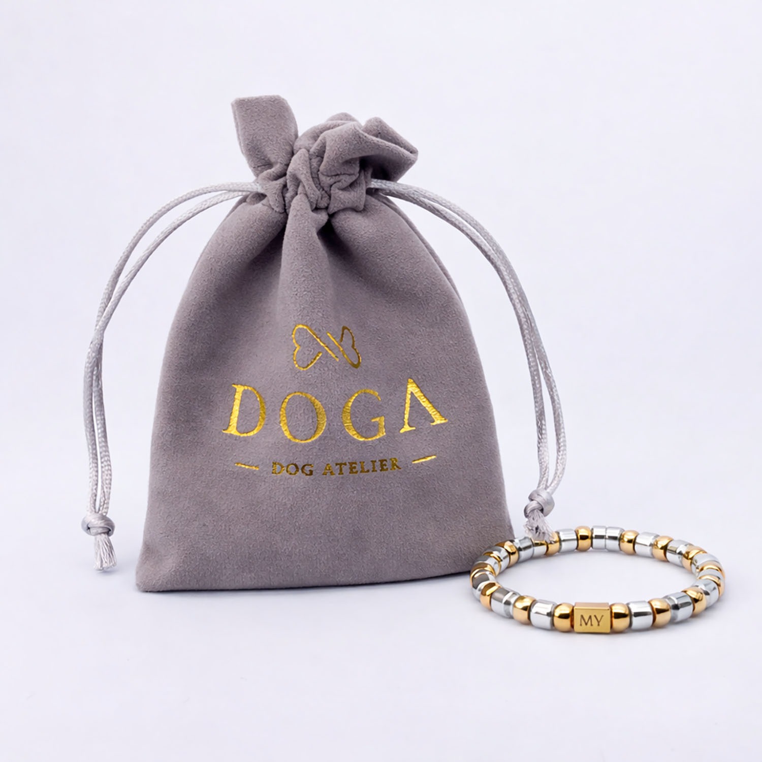Gold foil stamped logo suede drawstring pouch