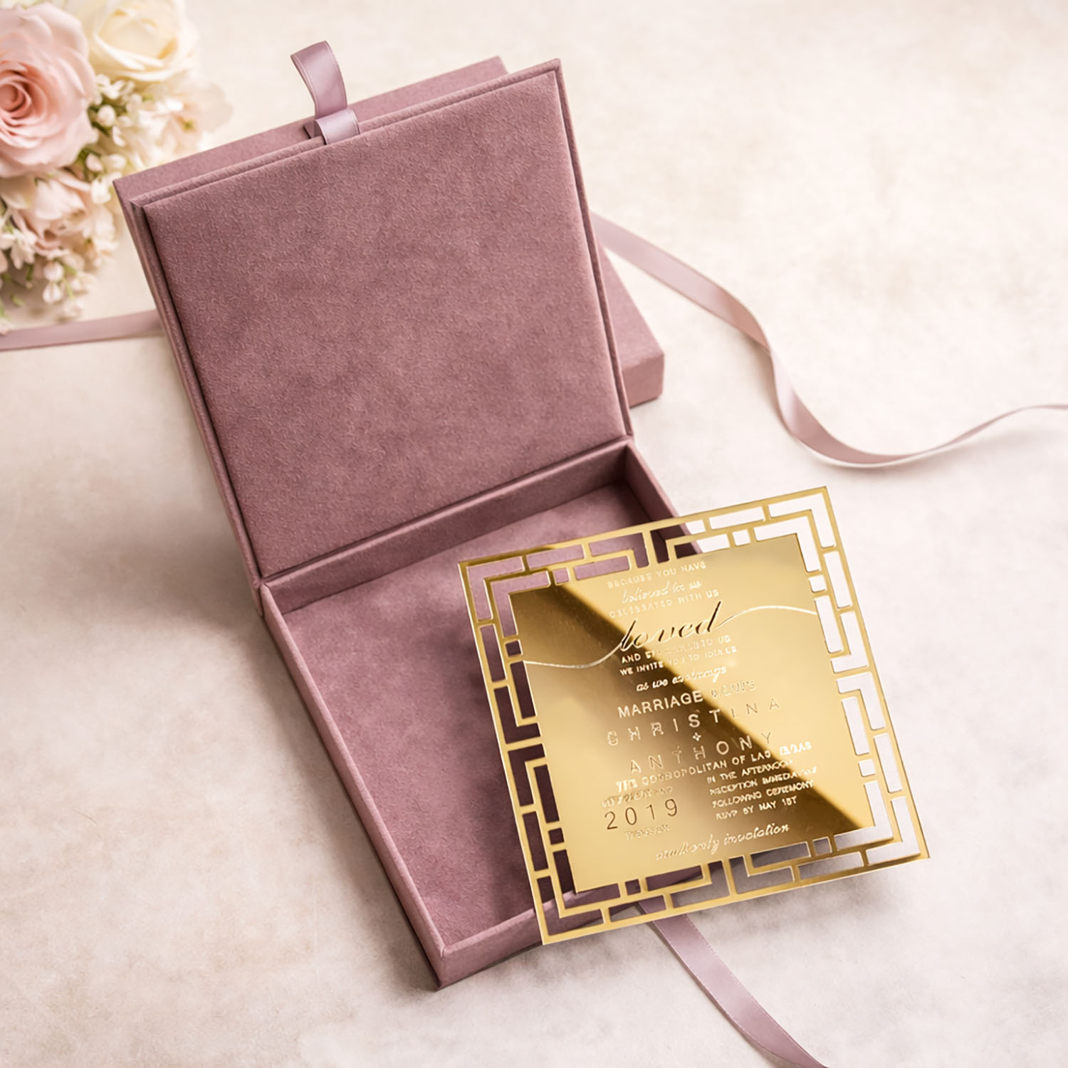 Luxury suede box for mirror acrylic invitation cards from Thailand