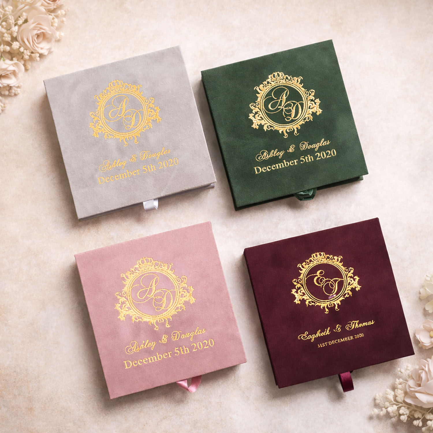 Luxury suede wedding invitation boxes