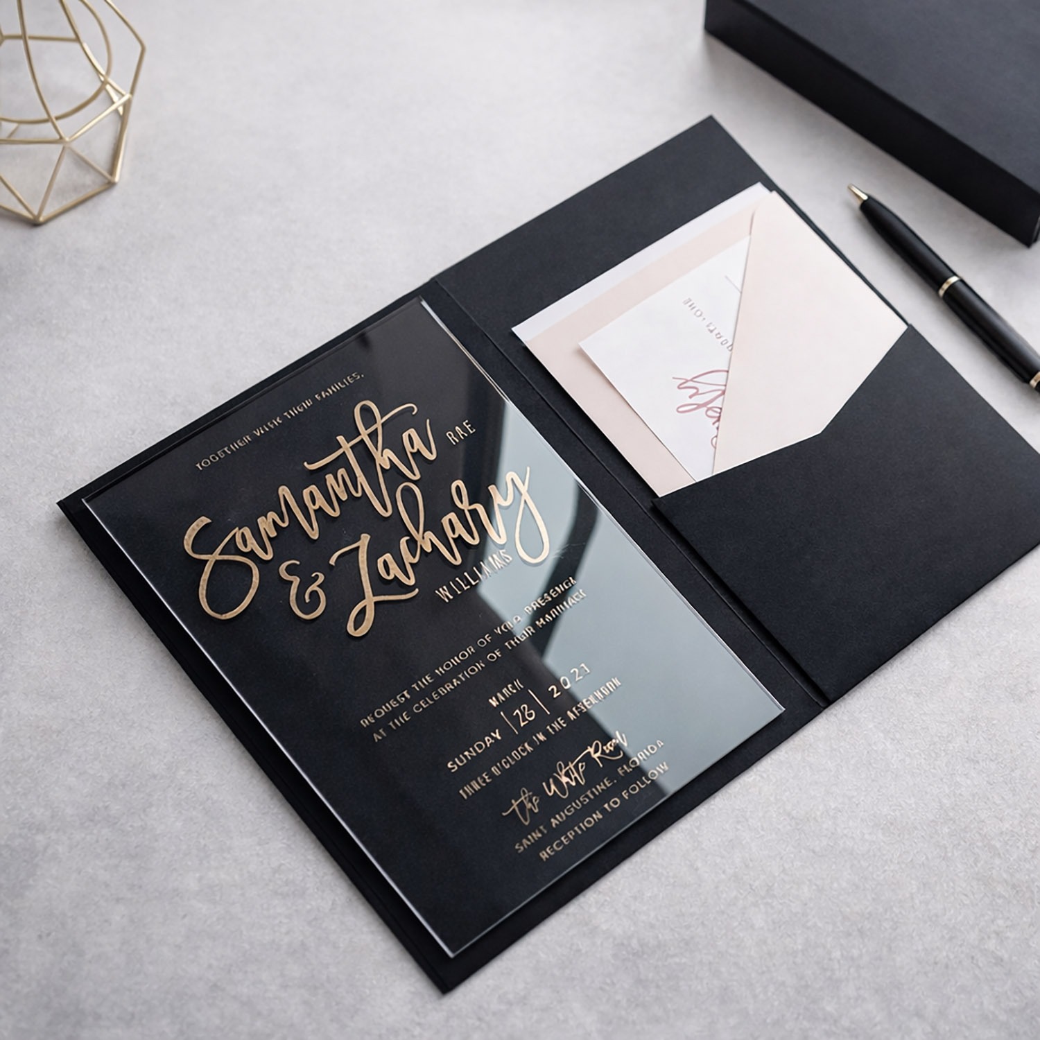 Black pocket fold paper invitation