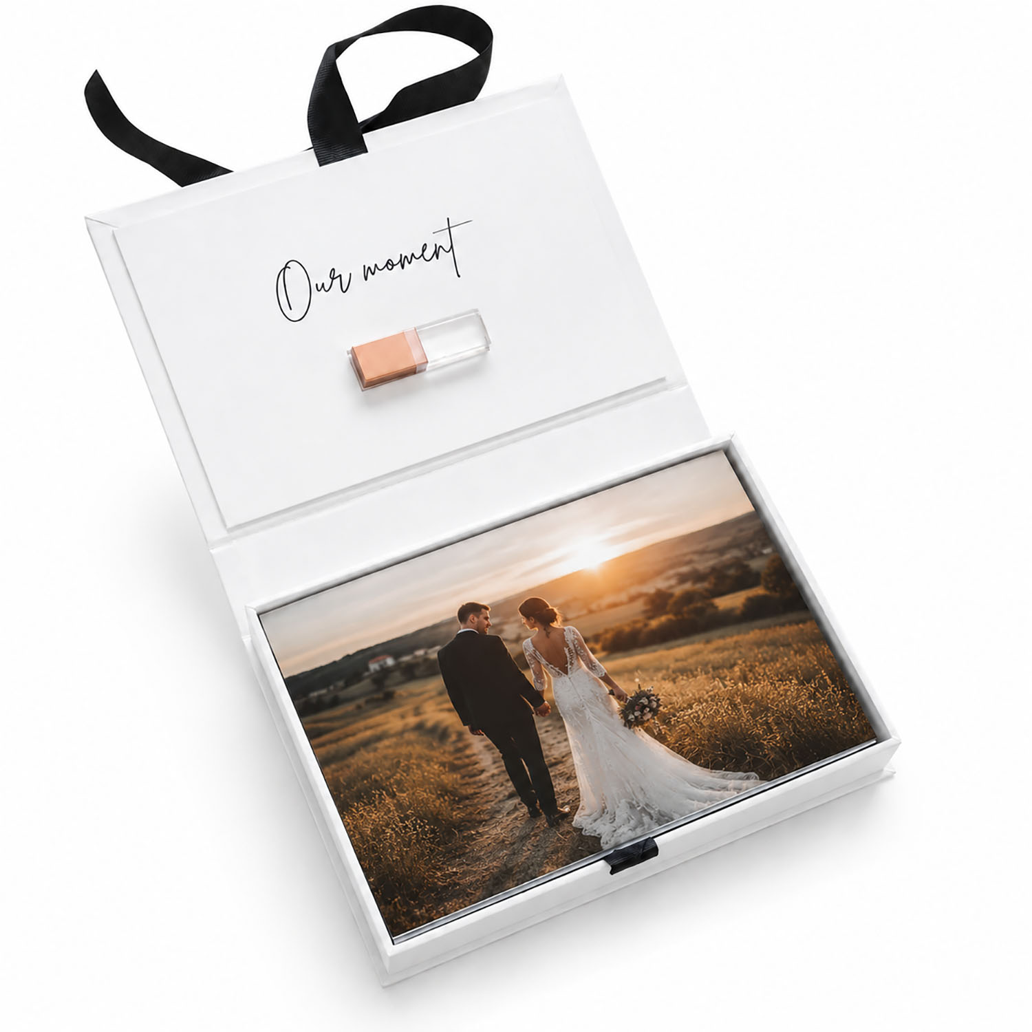 white paper photo box with USB stick holder