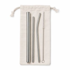 Plain Cotton Drawstring Bag Metal Straws