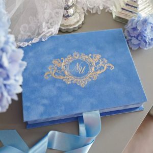 Luxury custom monogram suede boxed wedding invitation